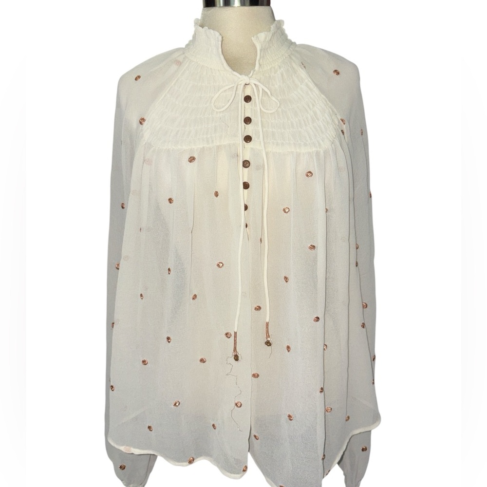 Free People blouse peasant style 1/2 button down w/tie long sleeves size small